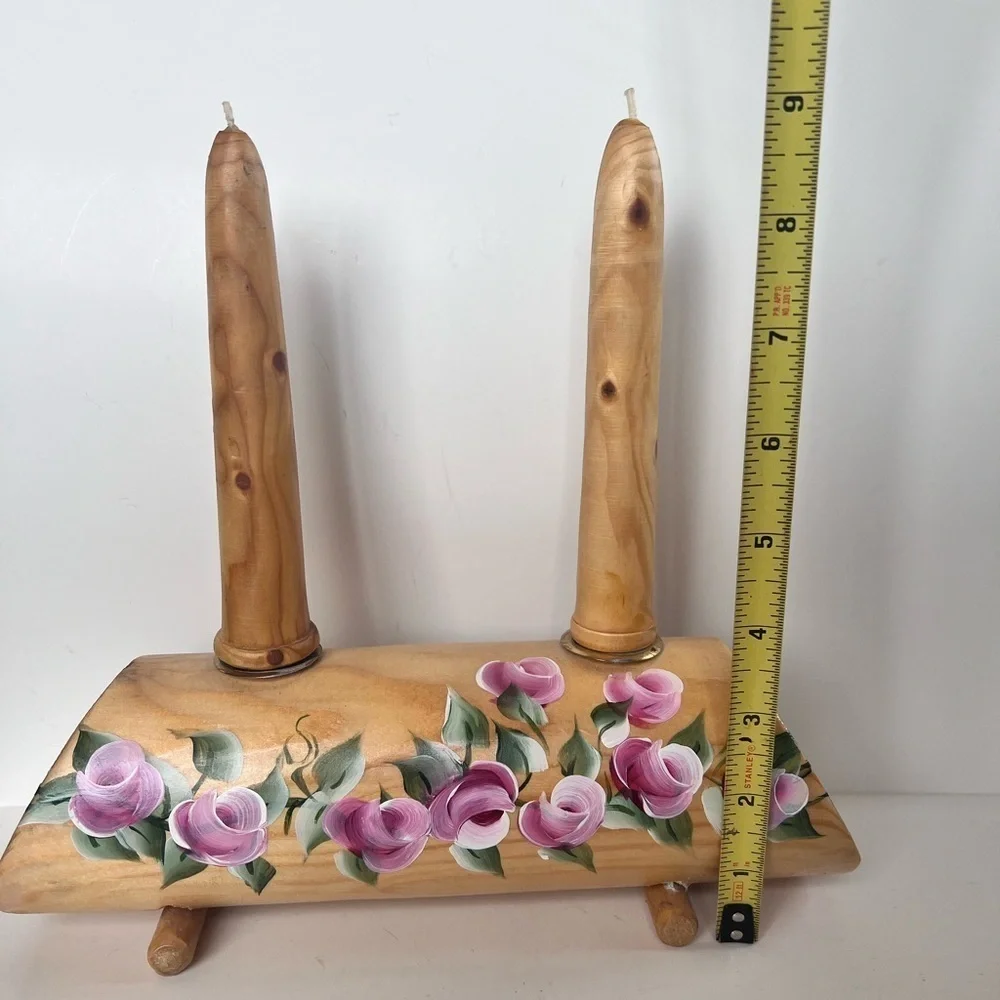 Vintage Wood Tapered Candle Holder Natural Hand Painted Carved Roses 90s Y2K